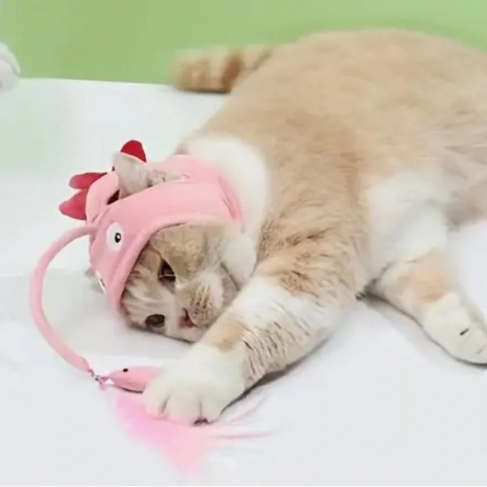 Pink Cat Hat with Dangle Fish Interactive Cat Headgear Hat, Small Pet